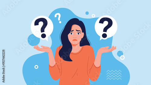 Confused woman in an orange shirt shrugs her shoulders while question marks appear in speech bubbles next to her.