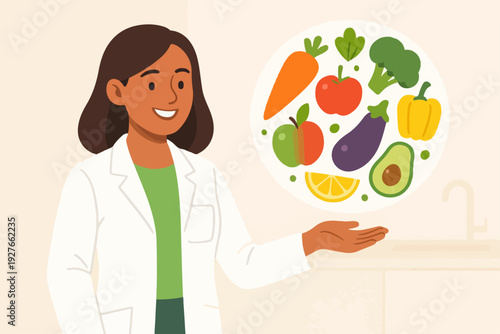 Clean flat vector illustration of a smiling nutritionist presenting healthy food choices