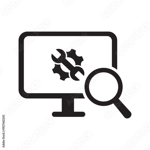 Computer screen with gears and a wrench being inspected by a magnifying glass. Ideal for IT support, system repair, software troubleshooting, technical maintenance, and hardware diagnostics.