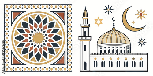 Intricate islamic geometric pattern alongside a mosque with a crescent moon Vector