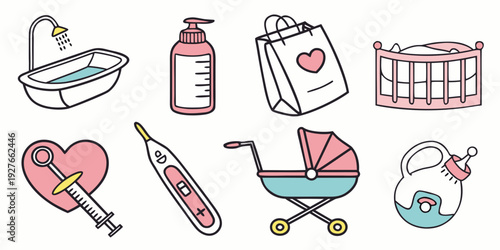 A collection of baby items including toys, bottles, and a stroller. Vector