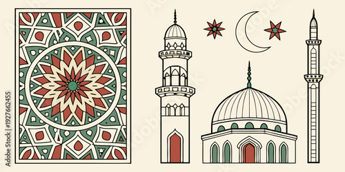 Intricate geometric patterns and a mosque tower under a starry sky Vector