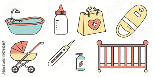 A collection of baby items including a stroller, bottles, and a crib Vector