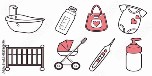 Assorted baby items including a bathtub, bottles, pacifiers, crib, stroller, and thermometer. Vector