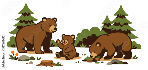 Cute cartoon style bear family set featuring two adult bears and a happy cub exploring a forest for children's books and educational materials