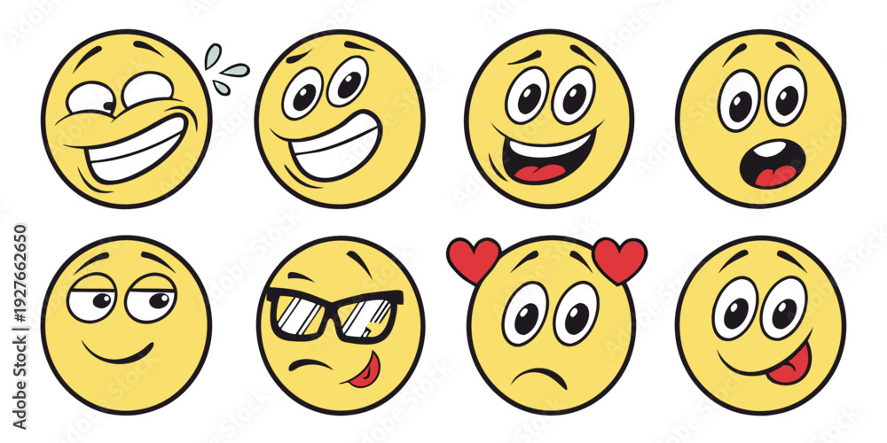 Fototapeta premium A collection of diverse emojis displaying various facial expressions and emotions. Vector
