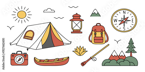 A colorful illustration of various camping and outdoor adventure icons. Vector