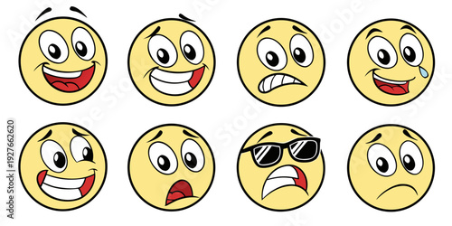 A collection of nine diverse emojis expressing various human emotions and reactions. Vector