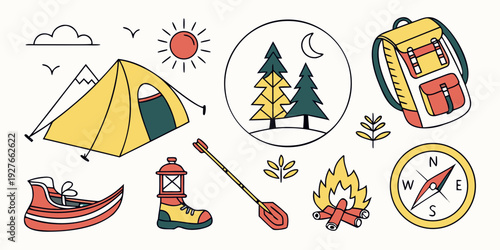 A vibrant illustration of various camping and outdoor adventure equipment Vector