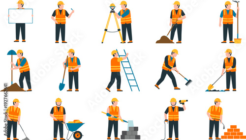 Construction workers illustration set, safety helmet vest icons, diverse site activities, shovel rake ladder wheelbarrow drill bricklaying surveying teamwork vector design