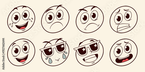A diverse collection of nine expressive cartoon faces displaying various emotions Vector