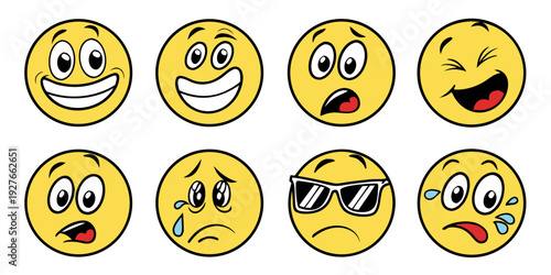 A collection of nine diverse emojis expressing various emotions and reactions Vector