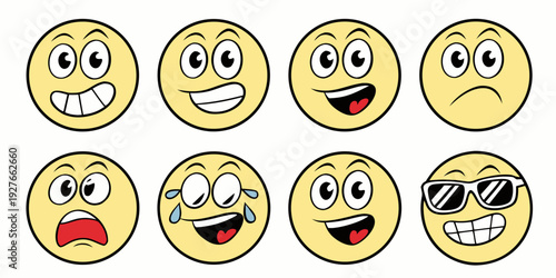 A collection of nine diverse emojis showcasing a range of human emotions and expressions. Vector
