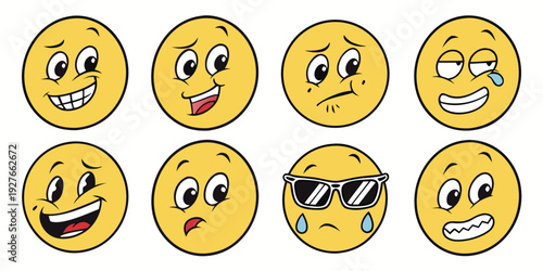 A collection of diverse emoji faces displaying various emotions and expressions Vector
