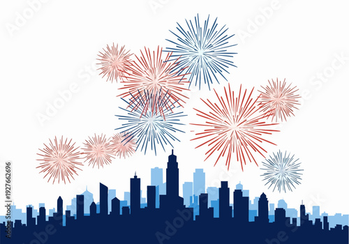 City Skyline Fireworks Celebration Night Festival Illustration