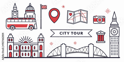 Illustration of various landmarks and symbols representing the united kingdom Vector