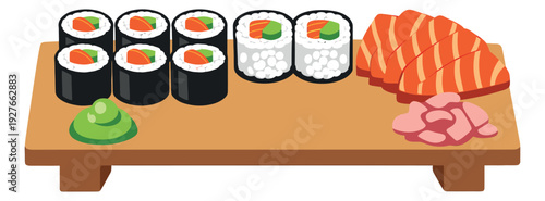 Flat design Japanese food set featuring maki, sashimi, nigiri, wasabi, and ginger for a dining menu