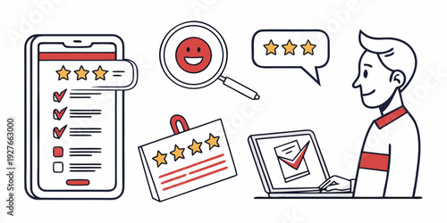 Person reviewing a mobile app with a magnifying glass, looking for bugs and issues. Vector