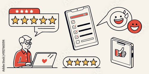 A colorful illustration of various digital elements like stars, speech bubbles, and icons. Vector