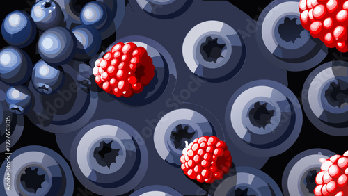 Vector abstract background with blueberries and raspberries on a dark blue circular pattern