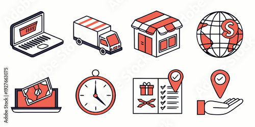 A collection of icons representing various aspects of business and technology. Vector