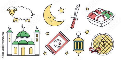 Diverse cultural and religious symbols including a mosque, star, crescent, and more. Vector