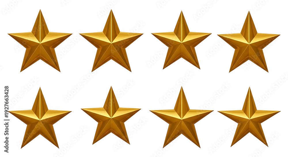 Obraz premium A collection of nine golden stars arranged in a horizontal line. isolated on transparent background