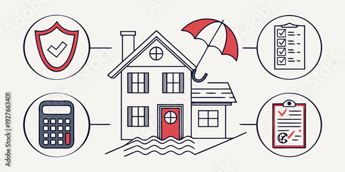 Illustration of a house with various insurance icons surrounding it Vector