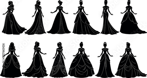 Collection of elegant princess silhouettes wearing beautiful ball gowns and bridal dresses for wedding fashion design and royal vector illustrations
