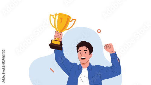 Joyful young man raising a golden winner trophy and cheering in victory after achieving a major success or goal.