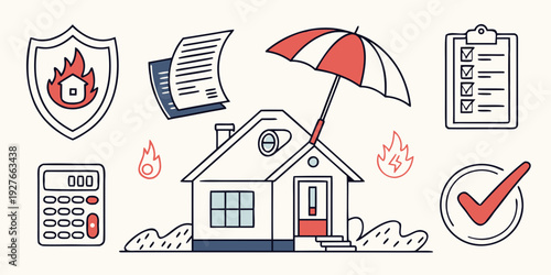 Illustration of various icons representing home insurance and protection Vector