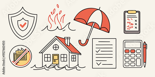 A collection of icons representing various aspects of insurance and protection. Vector