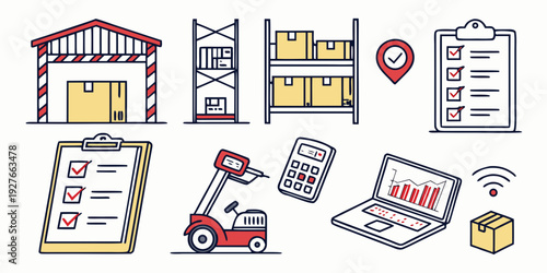 A collection of various office and school supplies and equipment. Vector