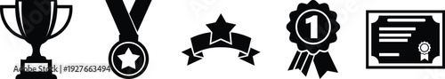 Award Icons Set .Trophy, Medal, Badge, Certificate Black Silhouette Collection