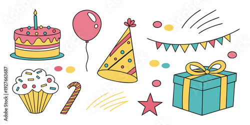 A delightful assortment of colorful party decorations and confetti Vector