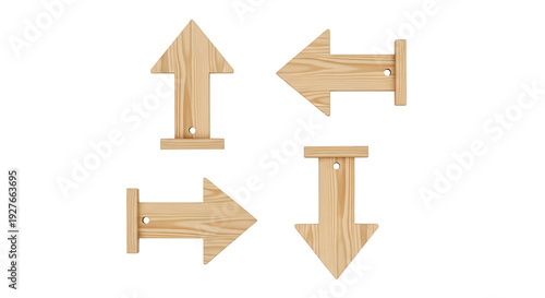 Set of four wooden arrows pointing in different directions isolated on transparent background