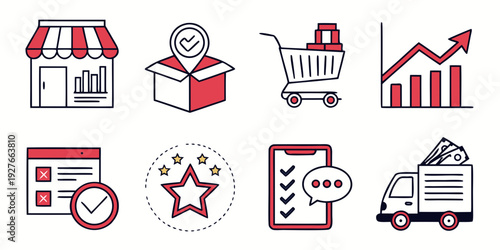 Assorted icons representing various aspects of business and commerce Vector