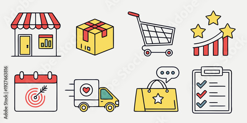 A vibrant collection of icons representing various aspects of retail and shopping. Vector