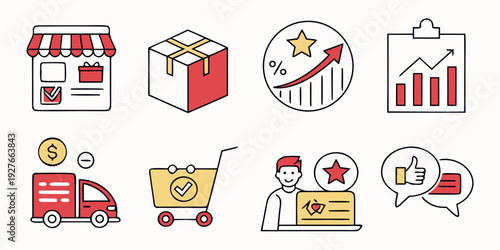 Icons representing various services and activities in a community setting. Vector