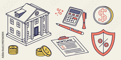 A collection of various items related to real estate and home ownership. Vector