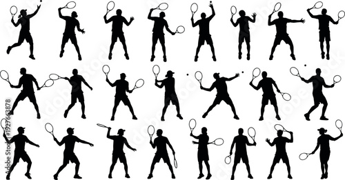 Collection of professional tennis player silhouettes in various action poses like serving volleying and hitting backhand shots for sports design