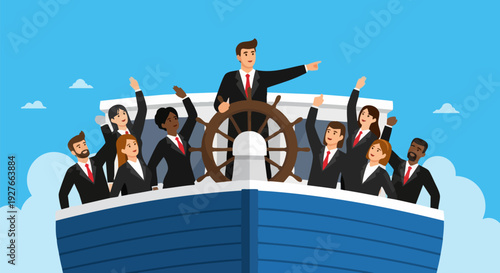 Cartoon vector illustration of a male business leader steering a blue ship with a diverse team of ten people in black suits and white shirts, pointing forward under a clear blue sky