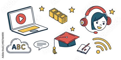 Diverse icons representing various aspects of online learning and education Vector