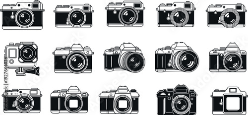 Collection of Vintage and Modern Camera Icons Set Featuring Retro Rangefinders Digital SLR Action Cam and Mirrorless Photography Equipment Vectors