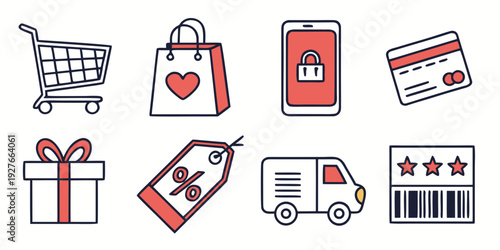 Assorted icons representing various aspects of shopping and delivery services. Vector