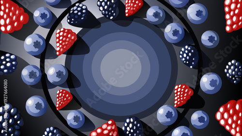 Assorted colorful berries including strawberries blueberries and blackberries arranged in a circular pattern on a dark background with a central gray circle