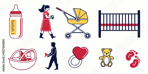 A diverse collection of icons representing various aspects of family life and activities. Vector