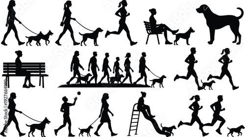 Silhouettes of people interacting with dogs, walking, running, playing, and sitting, animal companionship illustration for lifestyle, exercise, leisure, design, and pet vector artwork