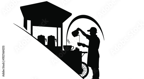 Dynamic Silhouette of a Street Vendor Preparing and Serving Hot Beverages from a Mobile Cart