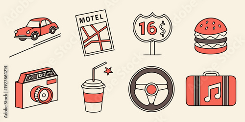 Assorted icons representing various aspects of a diner or fast food restaurant. Vector